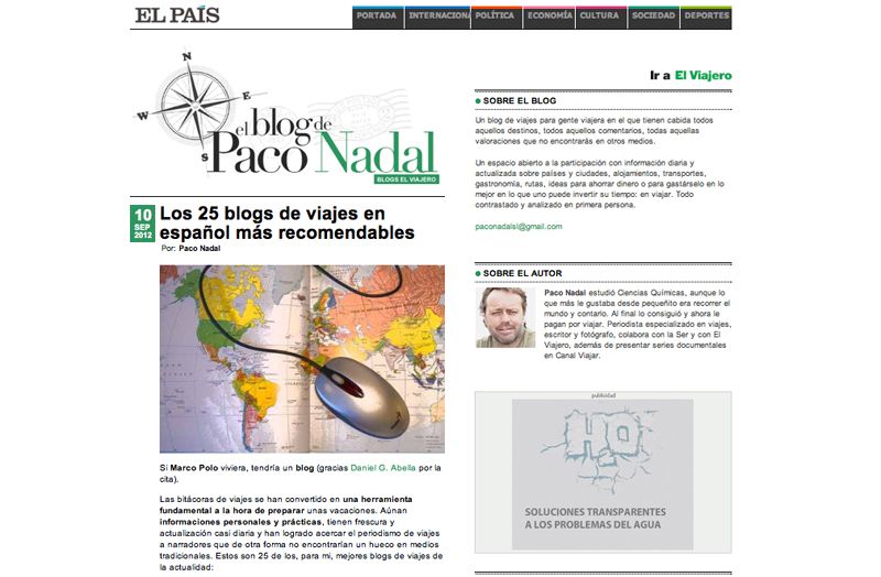 Entre los mejores 25 blogs de viajes para El País