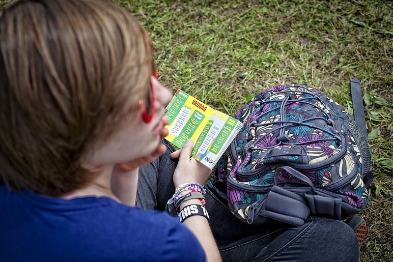 Joven en Rock Wercther Joven mirando el programa de Rock Werchter 2012, en Bélgica, rock werchter el mejor festival