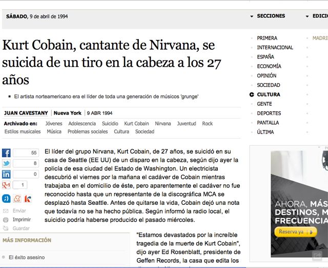 Noticia de la muerte de Kurt Cobain, lider de Nirvana, en el diario El País.